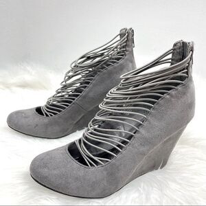 Nine West | strappy suede wedge platform 8.0 gray 4” high.
